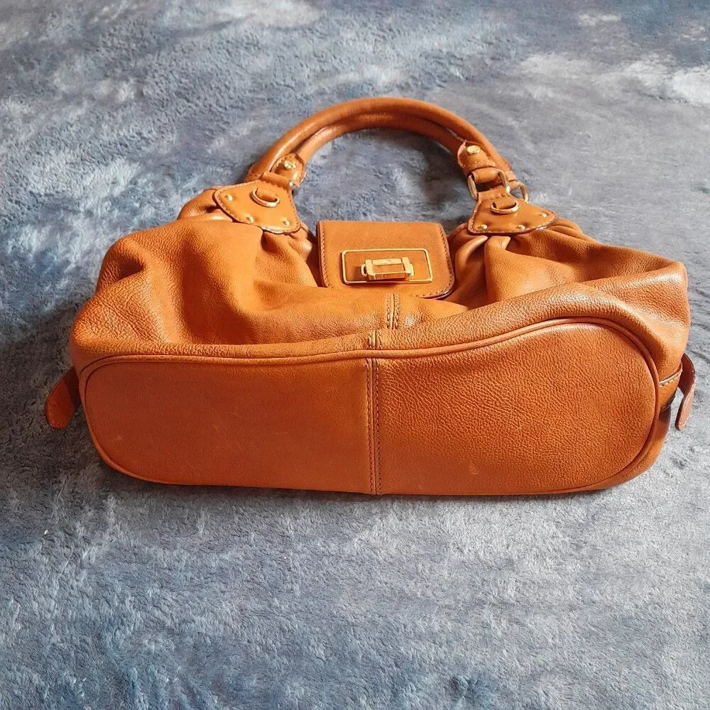 Antonio Melani Tan Leather Satchel Handbag with Gold Hardware Width 12in.
